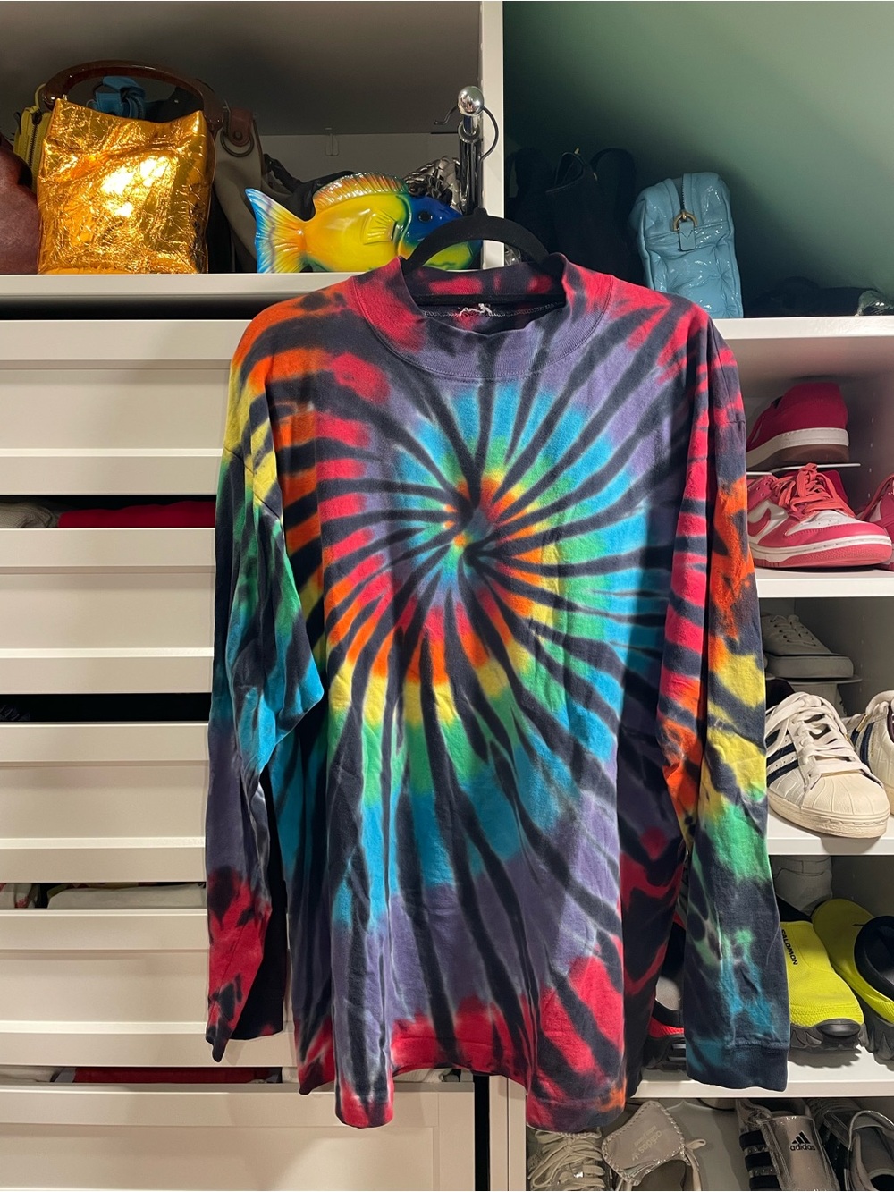 Vintage Tie-Dye Spiral Long Sleeve Tee in Rainbow Colors